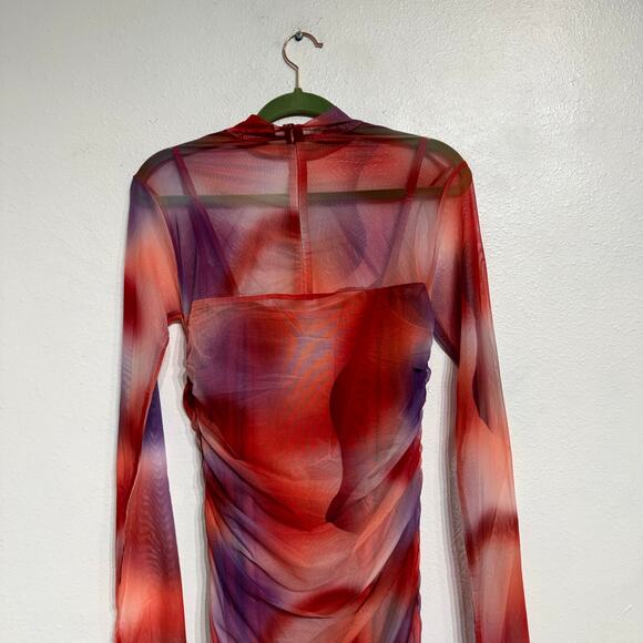 Capsulle Red Summer Heat Print Mesh Ruched Midi Bodycon Dress Sz M - Picture 9 of 14